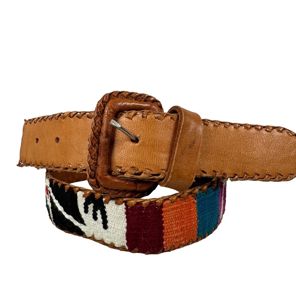 Brown Leather Belt Multicolor Woven Design Guatemalan boho bohemian western‎
